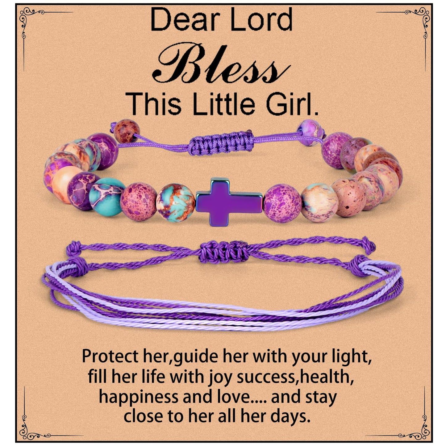 LPBeads 8mm Natural Imperial Jasper Corss Charm Bracelet with Handmade Rope Bracelet Size Adjustable Natural Stone Crystal Healing Bracelets Gifts for Women Girls