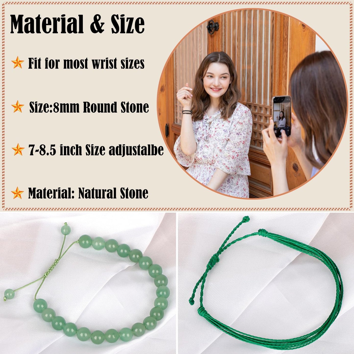 LPBeads 8mm Green Aventurine Bracelet with Handmade Rope Bracelet Size Adjustable Natural Stone Crystal Healing Bracelets Gifts for Unisex Adults