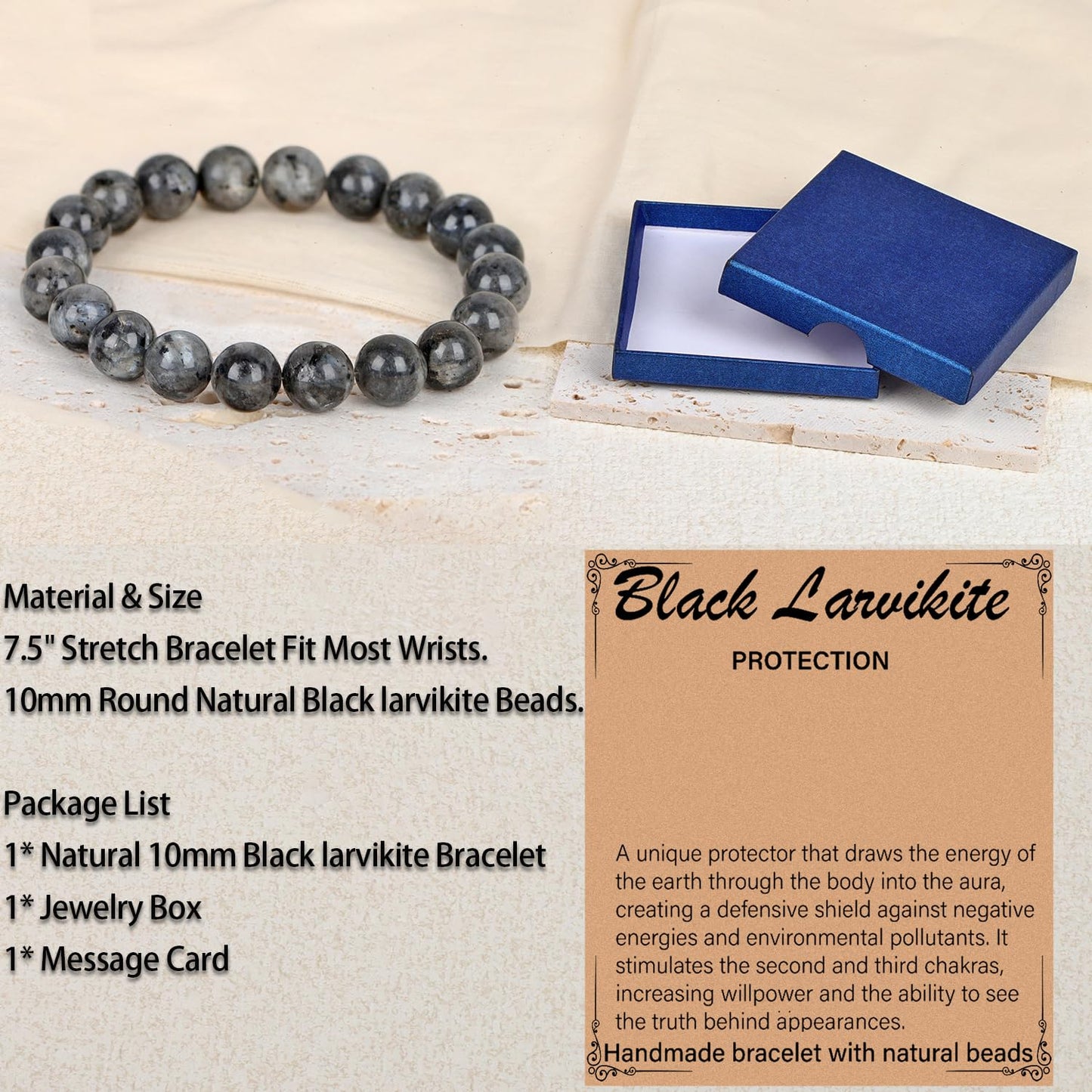 LPBeads Handmade Natural Gemstone Stretch Elastic 10mm Black Larvikite Bracelet Healing Crystal Round Stone Beads Jewelry Gifts for Women Men