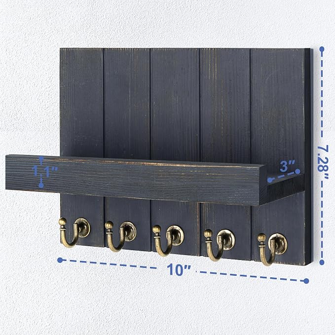 Rebee Vision Pine Wood Key Holder Wall Mount with Floating Shelf – Farmhouse Key Holder for Wall to Elevate Home Decor – Mail Organizer for Apartment Essentials (Royal Blue,3.54" x 10" x 7.28")