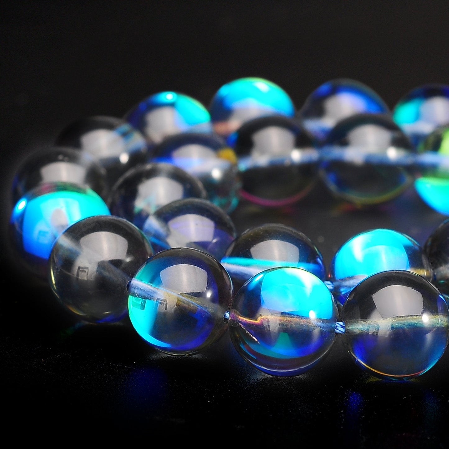 RUBYCA Round Moonstone Crystal Glass Beads Aura Iridescent for Jewelry Making (1 Strand, 10mm, Grey)