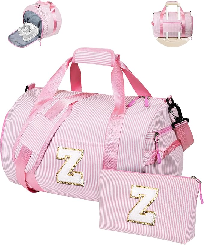Birthday Gift for Daughter, Girl Gym Bag, Kids Initial Overnight Duffel Bags with Shoe Compartment, Personalized Travel Bag with Makeup Pouch, Preppy Things for Dance Girls (Letter Z)