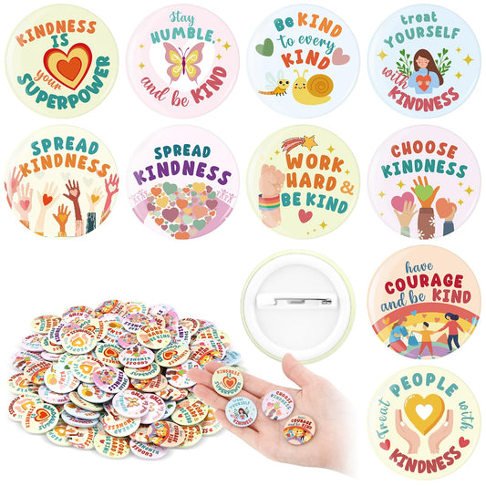 Glitinsel 100 Pcs Reading Awards/Be Kindness Pins Back to School Funny Reading Prizes Kindness Book Lover Round Buttons Pins Positive Incentive Reward Prizes for Students Classroom(Kindness)