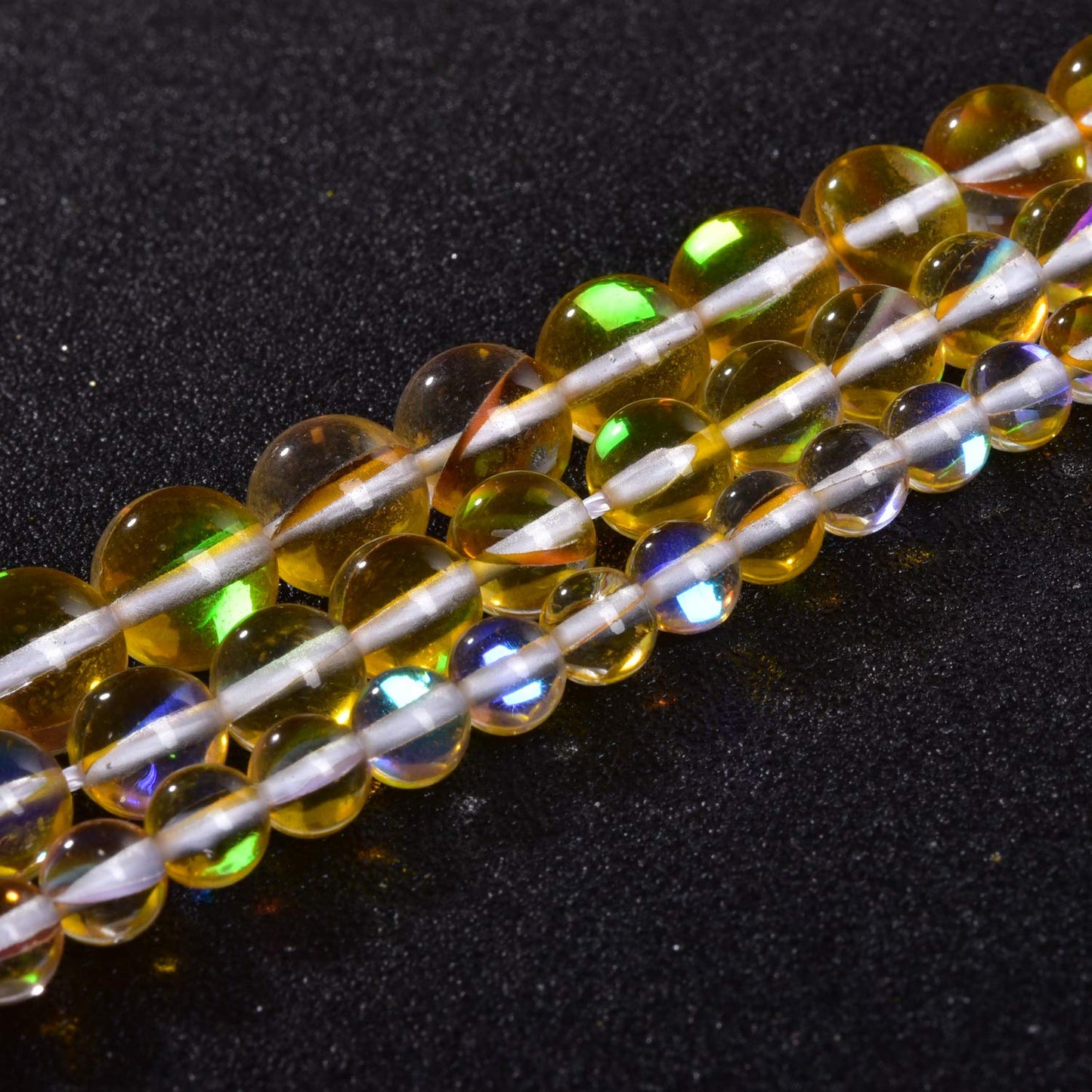 Asingeloo 38PCS 10mm Yellow Angel Aura Beads - Round Gemstone Beads, Polished Mermaid Aura Moonstone, Smooth Stone Loose Beads, Crystal Quartz for DIY Jewelry Making, 1 Strand 15'