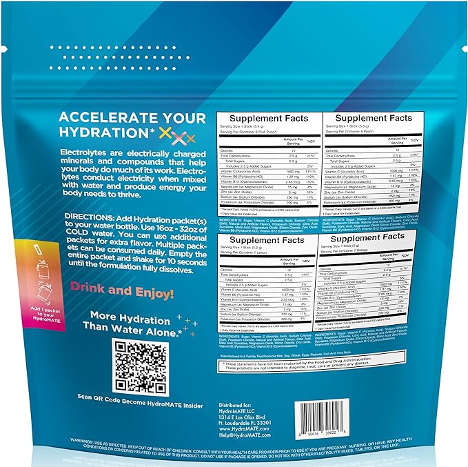 HydroMATE Electrolyte Powder Variety Pack Bulk Hydration Packets Low Sugar 90 Count