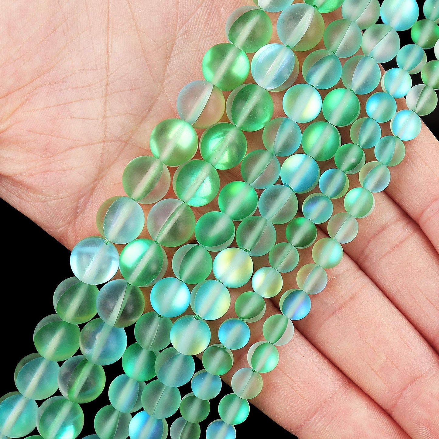 Matte Green Aurora Crystal Glass Beads, 10MM Frosted Glitter Shining Mermaid Round Loose Beads, Rainbow Holographic Synthetic Moonstone for Jewelry Making DIY Bracelet