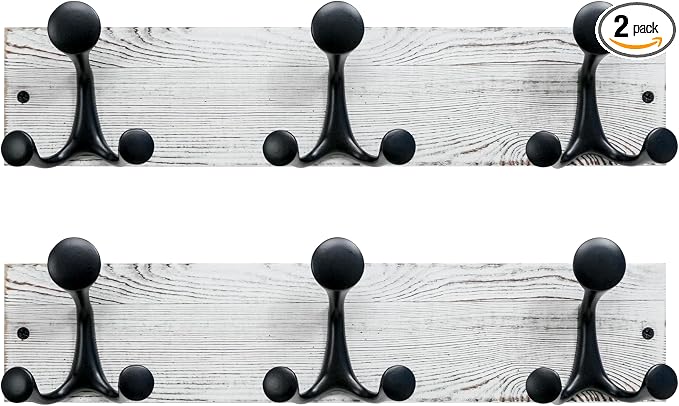 SKOLOO 17-Inch Wood Coat Rack Wall Mount with 3 Triple Hooks - Ideal for Family Entrances, Classrooms, and Pet Supplies Storage - Perfect Coat Hooks for Wall,Distressed White Wash, Pack of 2