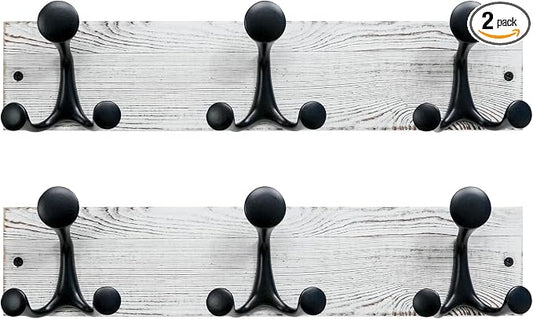 SKOLOO 17-Inch Wood Coat Rack Wall Mount with 3 Triple Hooks - Ideal for Family Entrances, Classrooms, and Pet Supplies Storage - Perfect Coat Hooks for Wall,Distressed White Wash, Pack of 2
