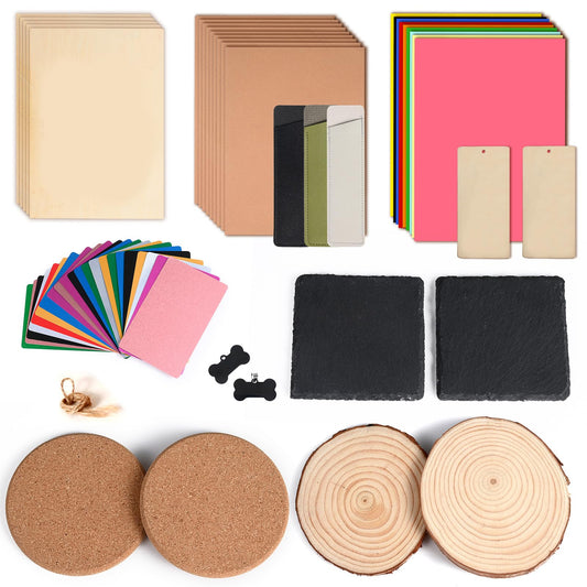 MiniStarCut 80 PCS Laser Materials Exploration Kit, DIY Laser Engraving Supplies Including Metal, Wood, PU Leather, Paper, Rock