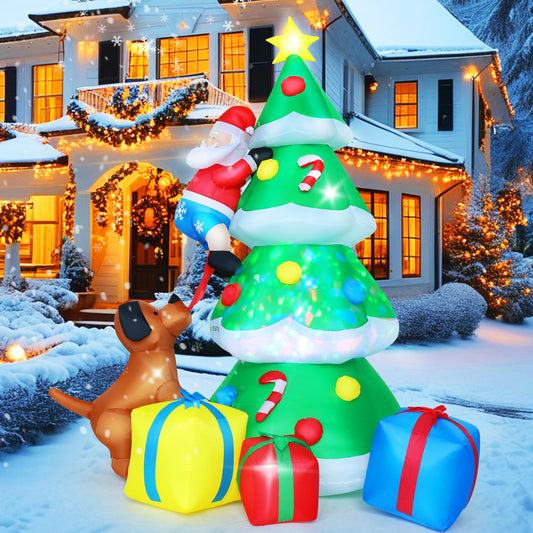 Inflatable Giant 7.7FT Inflatable Tree, Dogs Chasing Santa Claus, Outdoor Yard Decorations with Color LED Light Up & 3 Wrapped Gift Boxes for Xmas Party Décor (Green Christmas Tree)