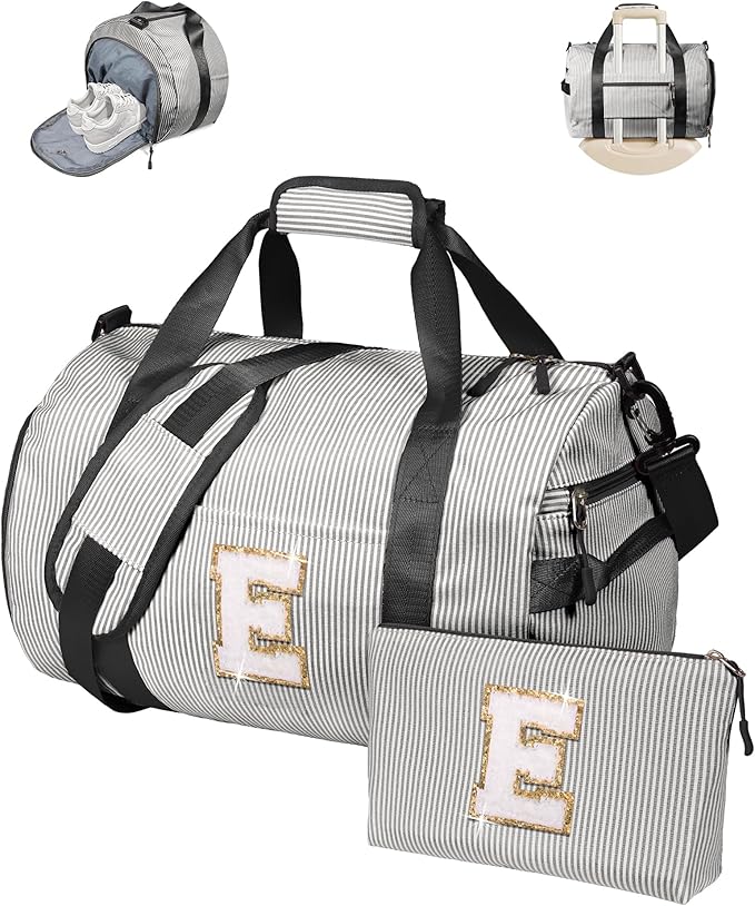 Teen Girl Gifts Trendy Stuff, Girl Gym Bag, Kids Monogram Overnight Duffel Bags with Shoe Compartment, Personalized Travel Bag with Makeup Pouch, Preppy Things for Daughter (Letter E)