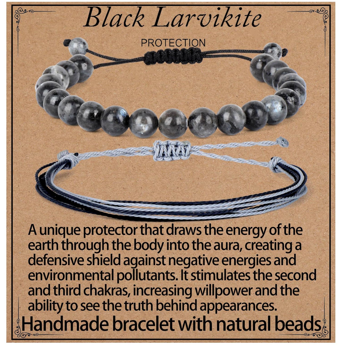 LPBeads 8mm Larvikite Bracelet with Handmade Rope Bracelet Size Adjustable Natural Stone Crystal Healing Bracelets Gifts for Unisex Adults