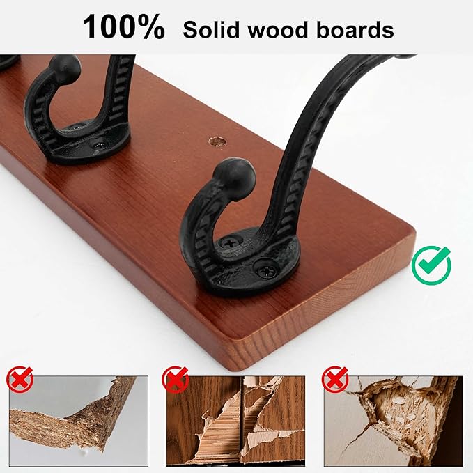 WEBI Rustic Coat Rack Wall Mount,30" Long 7 Cast Iron Coat Hooks Wall Mounted,Heavy Duty Wood Wall Coat Hanger Hooks for Hanging Coats,Jacket,Clothes,Backpack,Farmhouse,Cherry,2 Packs