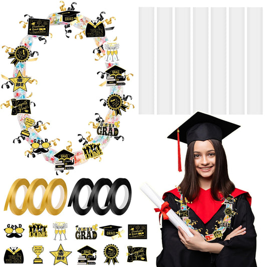MARFOREVER 174 Pcs Graduation Candy Lei Making Kit, 24 Pcs Graduation Candy Lei Tubing 144 Grad Paper Cut 6 Rolls Ribbons for Congrats Grad Class of 2026 Party Supplies DIY Gifts Wreaths