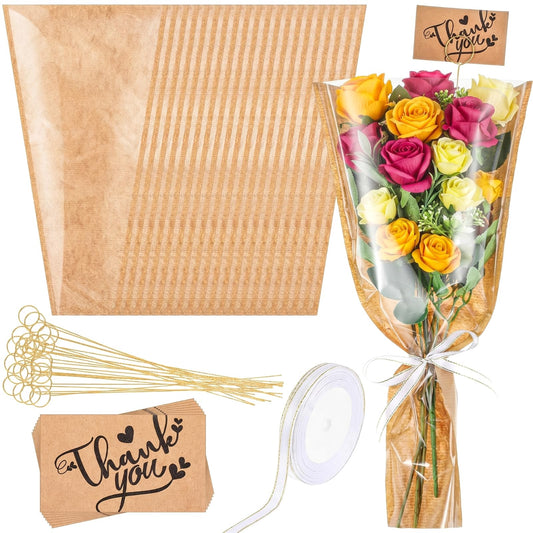 Gilprop 50 Pack 16.5 '' Flower Wrapping Bag Bouquet Kraft Paper Pack Sleeve with Floral Thank Card Holder and Pick Ribbon Flower Bouque Bag for Ot Mouth Thank Teacher, Father's Day, Graduation Gift