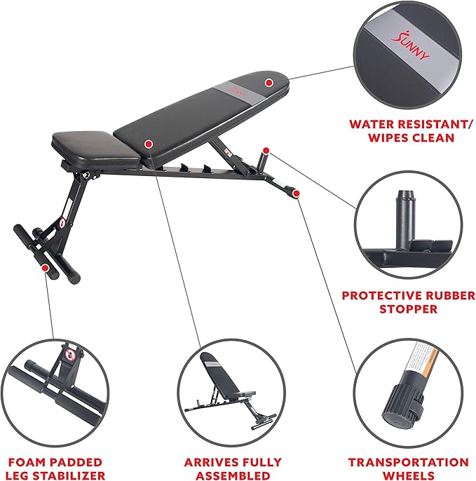 Sunny Health & Fitness Compact Premium Incline Bench Press Bar Rack Set & Optional Leg Extension Developer, Preacher Curl for Solid Strength Training Home Gym