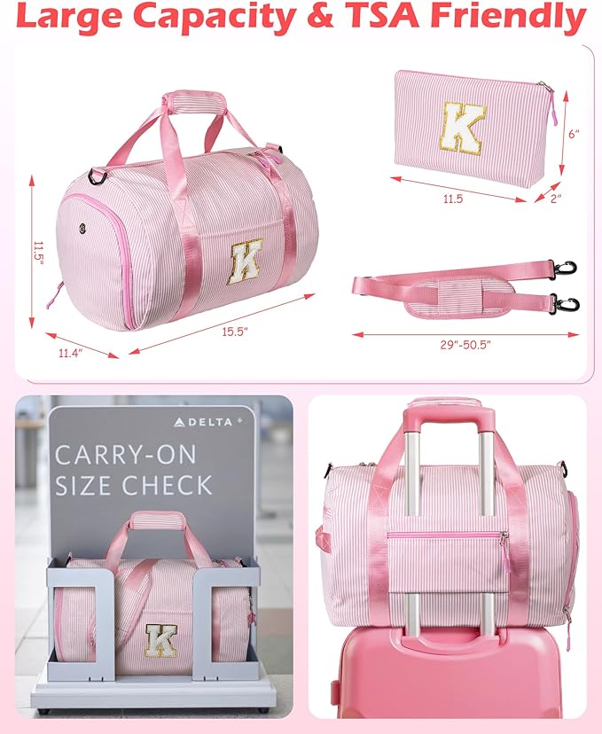 Girly Cute Stuff, Girl Gym Bag, Kids Initial Overnight Duffel Bags with Shoe Compartment, Personalized Travel Bag with Makeup Pouch, Niece Daughter Sister Birthday Gift (Letter L)