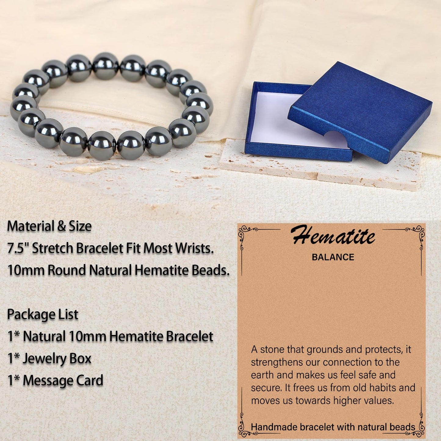 LPBeads Handmade Natural Gemstone Stretch Elastic 10mm Hematite Bracelet Healing Crystal Round Stone Beads Jewelry Gifts for Women Men