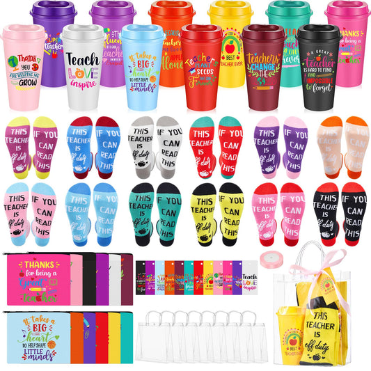 Pickmesh 12 Sets/61Pcs Teacher Appreciation Gifts for Women, Teachers Socks, 16oz Bright Coffee Cups, Canvas Makeup Bags, Clear Bag with Cards & Ribbon Thank You Gifts for Teacher Week Back to School