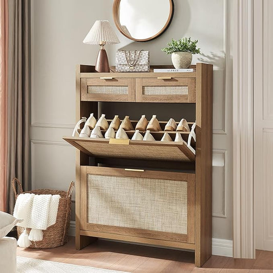 HOKYHOKY Rattan Shoe Storage Cabinet with 2 Drawers & 2 Flip Drawers – Hidden Slim Shoe Organizer for Entryway, Large Tabletop Space, Farmhouse Boho Narrow Shoe Rack, Rustic Oak