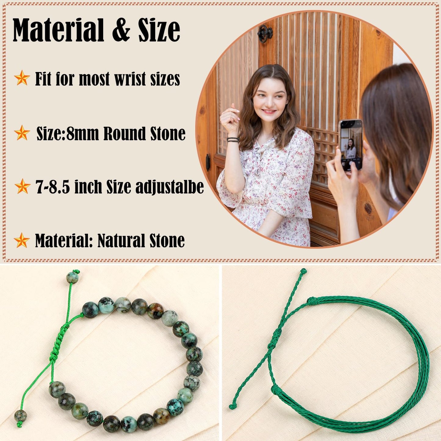 LPBeads 8mm African Turquoise Bracelet with Handmade Rope Bracelet Size Adjustable Natural Stone Crystal Healing Bracelets Gifts for Unisex Adults