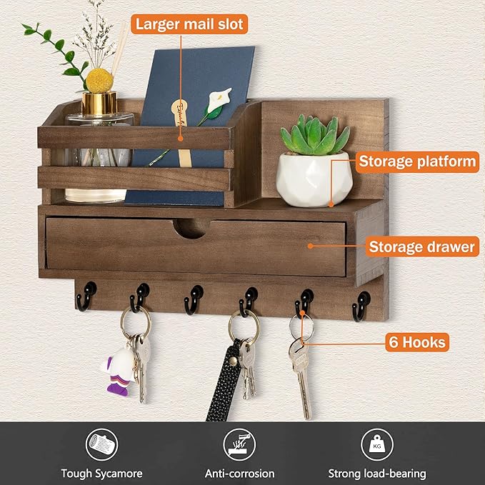dreampossible Key and Mail Holder for Wall, Mail Organizer Wall Mount with 6 Hooks and Storage Drawer, Wooden Key Rack Hanger with Shelf for Entryway and Home Decor