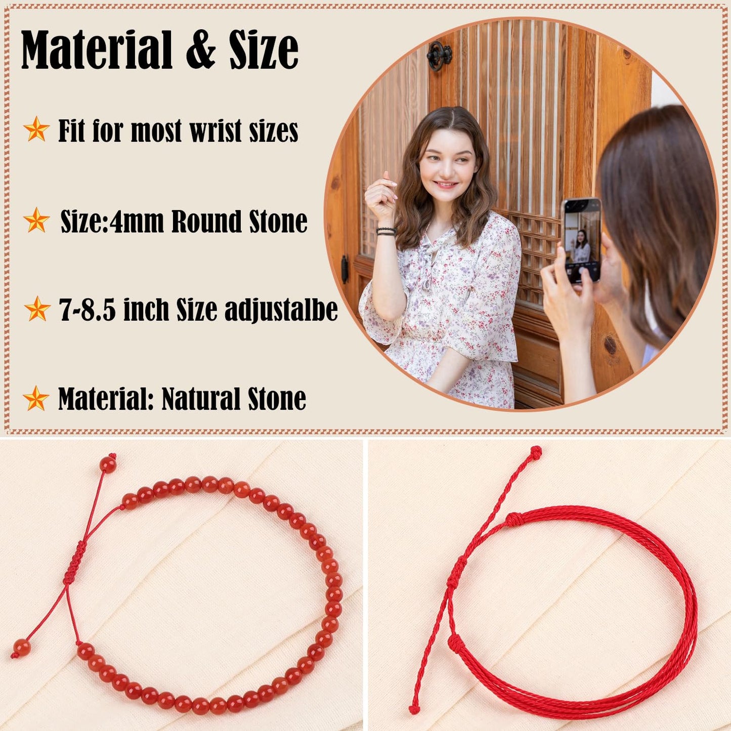 LPBeads 4mm Red Carnelian Bracelet with Handmade Rope Bracelet Size Adjustable Natural Stone Crystal Healing Bracelets Gifts for Unisex Adults