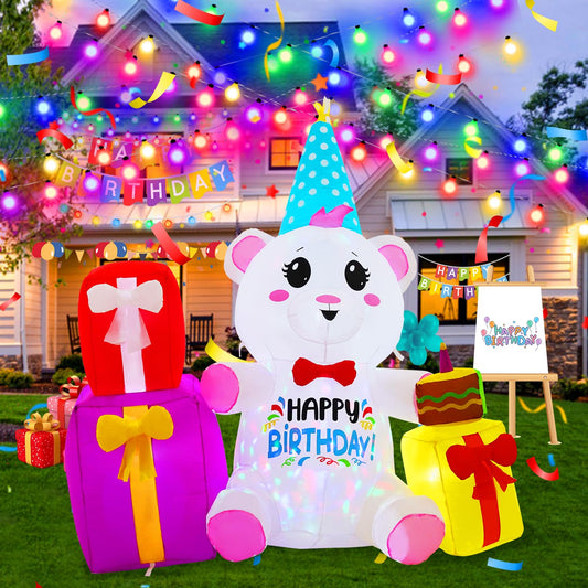 InfleasJoiy 6FT Birthday Gift Box Bear Inflatable Decoration with Built-in LED Lights and Colorful Rotating Lights, Happy Birthday Outdoor Inflatable Decoration for Lawns, Yards, Gardens, and Patios