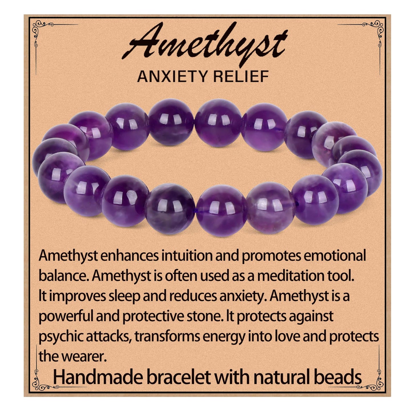 LPBeads Handmade Natural Gemstone Stretch Elastic 10mm Amethyst Bracelet Healing Crystal Round Stone Beads Jewelry Gifts for Women Men