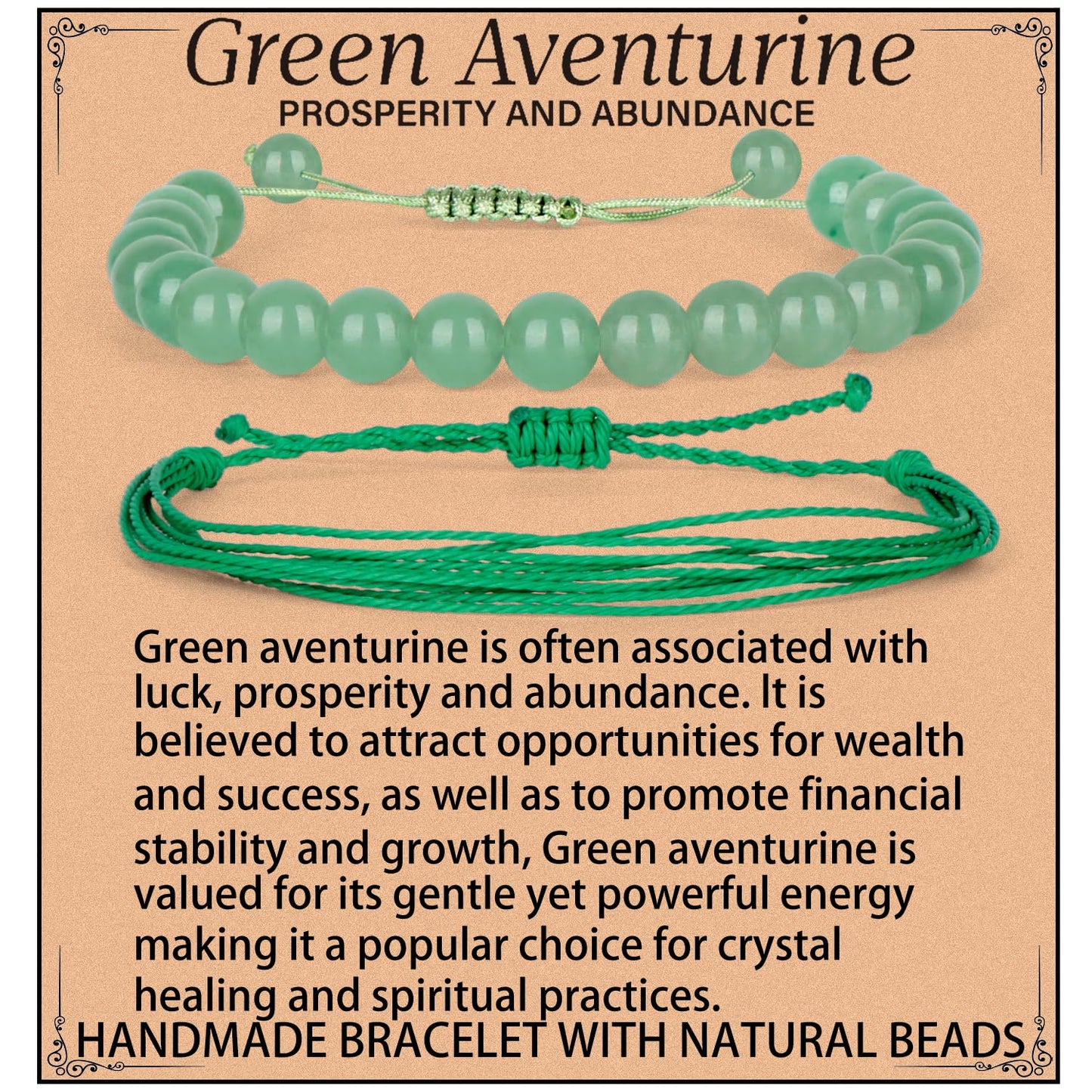 LPBeads 8mm Green Aventurine Bracelet with Handmade Rope Bracelet Size Adjustable Natural Stone Crystal Healing Bracelets Gifts for Unisex Adults