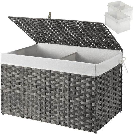 GREENSTELL Storage Basket with Lid, 17.2 Gallon(65L) Small Wicker Blanket Storage Basket with Handles, Foldable, 2 Removable Liner Bags, Metal Frame, for Bedroom, Laundry Room, Grey, 22.2"*13.4"*13.4"