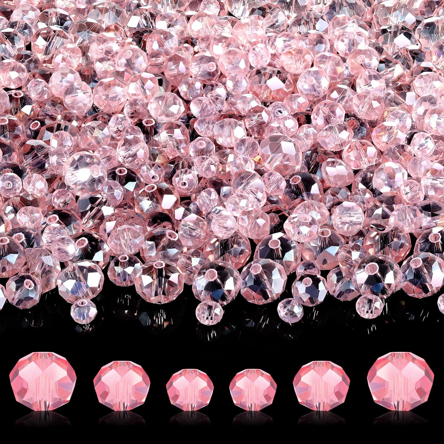 WILLBOND 600 Pcs Crystal Glass Beads for Jewelry Making Bulk Suncatcher Faceted Rondelle Loose Gemstone for Valentine's Day, Irish Holiday, Easter Bracelet DIY Crafts 8mm, 6mm, 4mm(Pink AB Color)