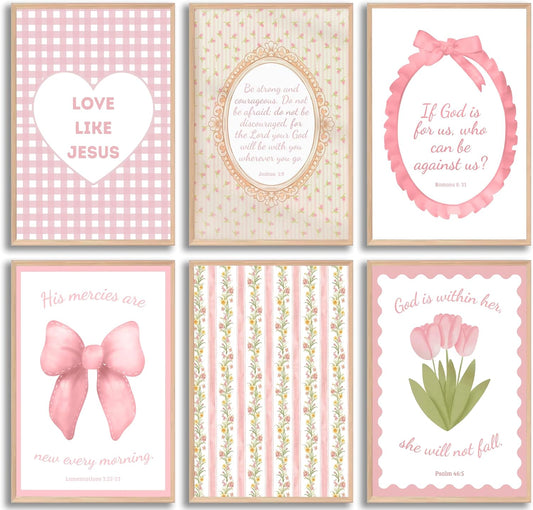 Skiennix 6Pcs Pink Bible Verses Wall Art - Trendy Floral Scripture Prints for Girls' Room | 8x10in Unframed