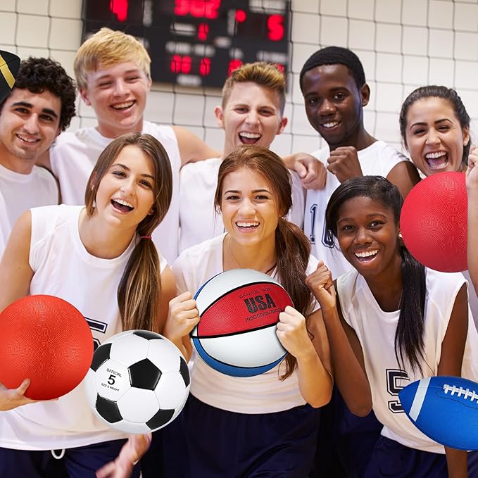 Deekin 8 Pcs Sports Balls Set for Adult Assorted Football Basketball Soccer Playground Balls Official Size with Bags Pumps Outdoor Sports Equipment Athletic Gift