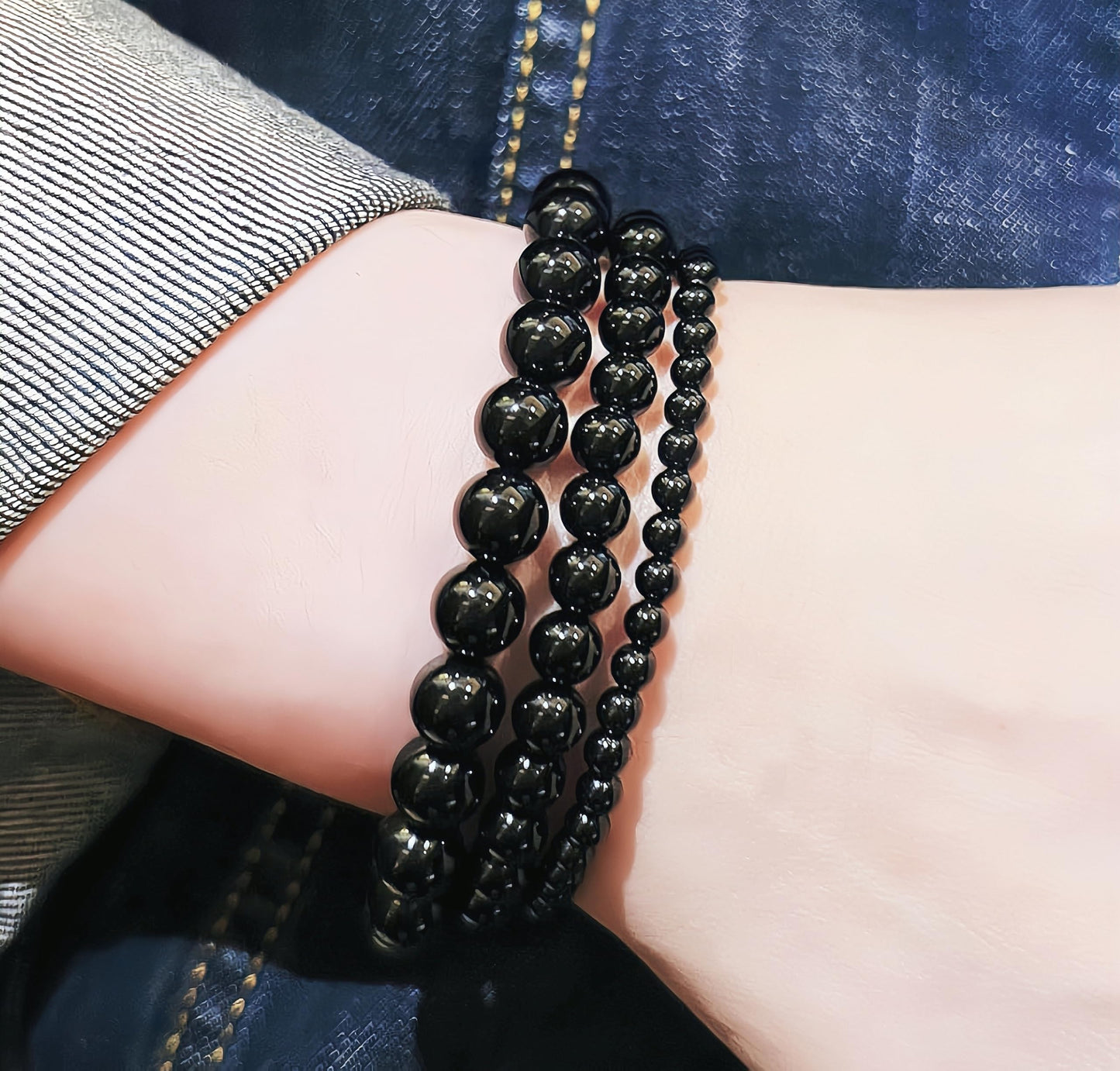 CINSKYING 3Pcs Healing Crystal Black Onyx Bracelets for Women Men 8mm 6mm 4mm Natural Stone Beaded Stretch Bracelet Jewelry Gifts (T2-Black Onyx)