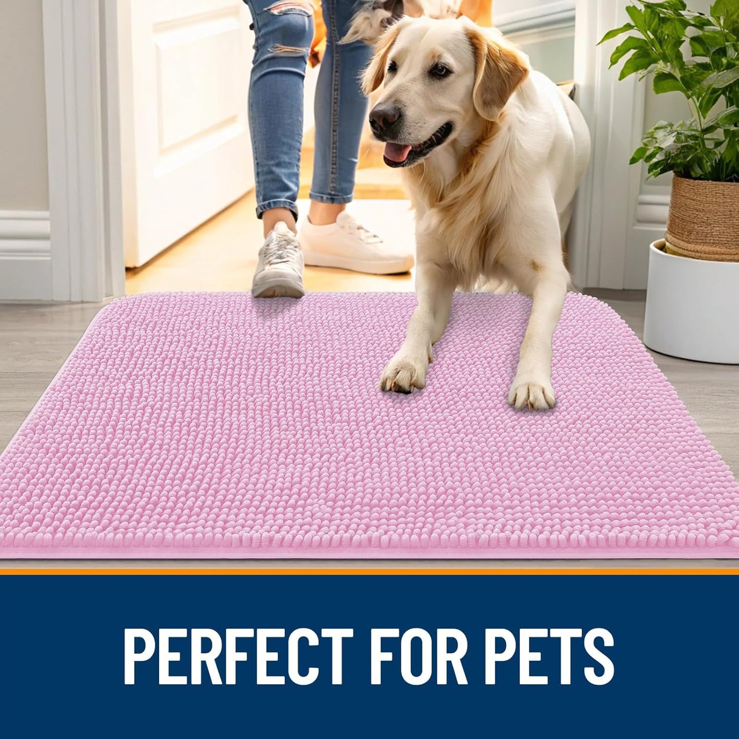 OLANLY Dog Door Mat - Absorbent Non-Slip Chenille Mat for Muddy Paws | 45x27 Inches, Quick Dry, Pink