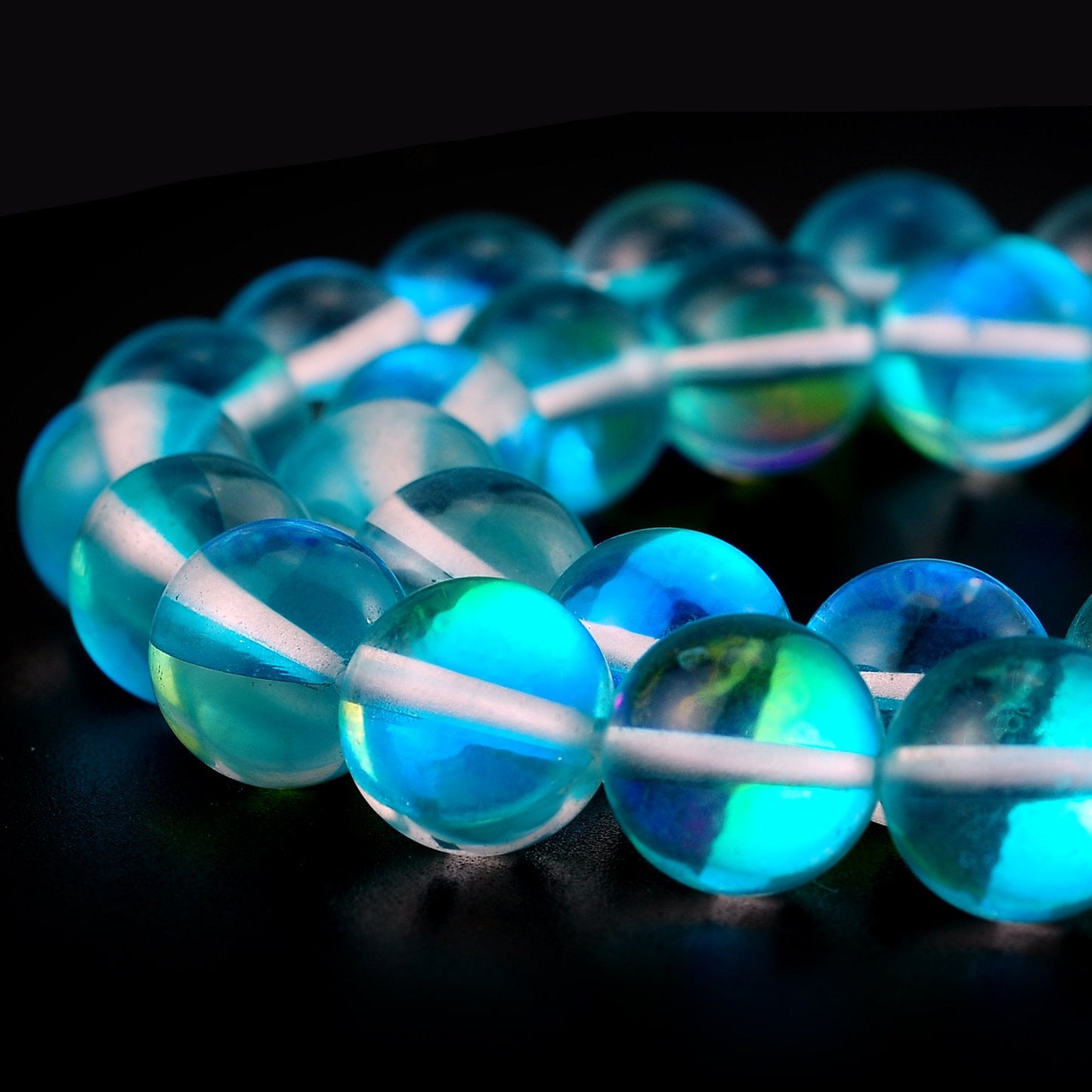RUBYCA Round Moonstone Crystal Glass Beads Aura Iridescent for Jewelry Making (1 Strand, 12mm, Blue)