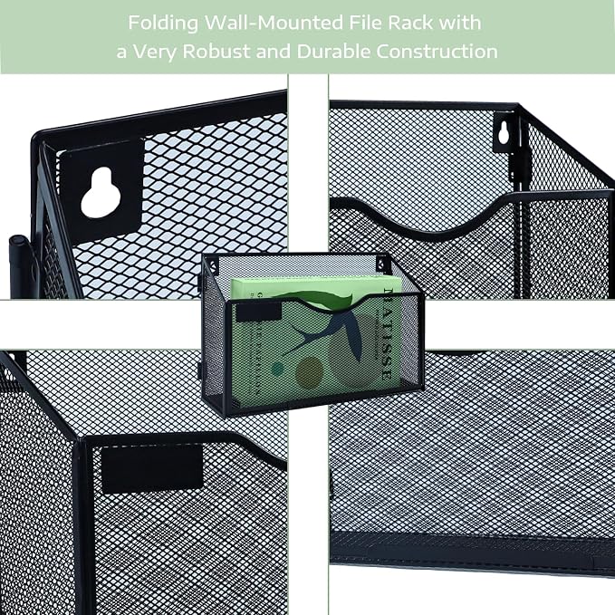 1 Tier Wall Mount File Holder, Black Metal Mesh A4 Document Organizer, Hanging Mail Sorter & Magazine Rack for Office Home School, Durable Space-Saving Filing Storage