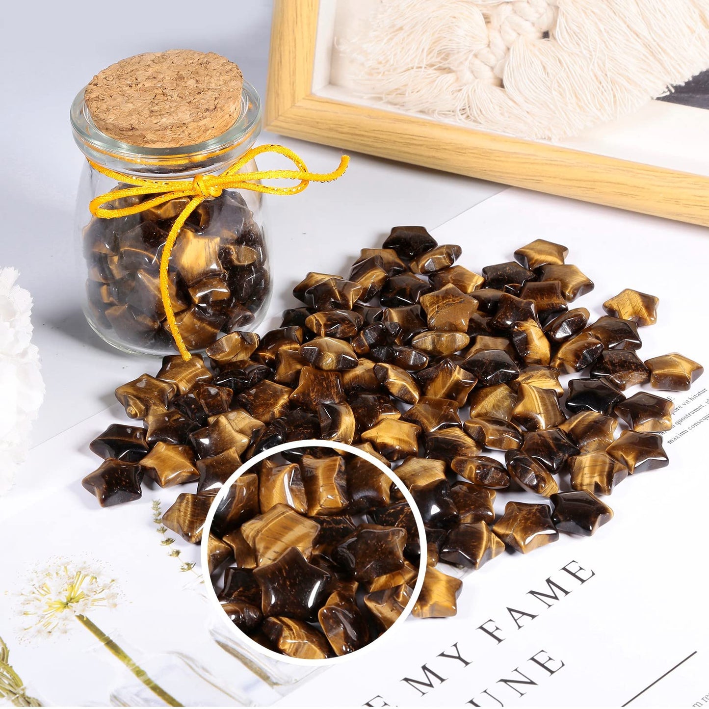SUNYIK Pack of 20 Mini Star Crystal Pocket Stone, Healing Crystal Worry Stone for Reiki Meditation Anxiety Stress Jewelry Making, Yellow Tiger’s Eye