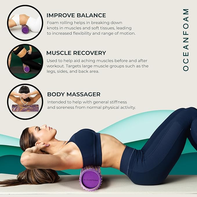 Oceanfoam Tidal Roller - Purple, Gold & Natural Marbled - Muscle Massage Foam Roller for Back Pain & Stretching - Firm & Ergonomic Wide Wave Textured - Yoga, Athletics, Wellness - Full Size, 20" x 5"