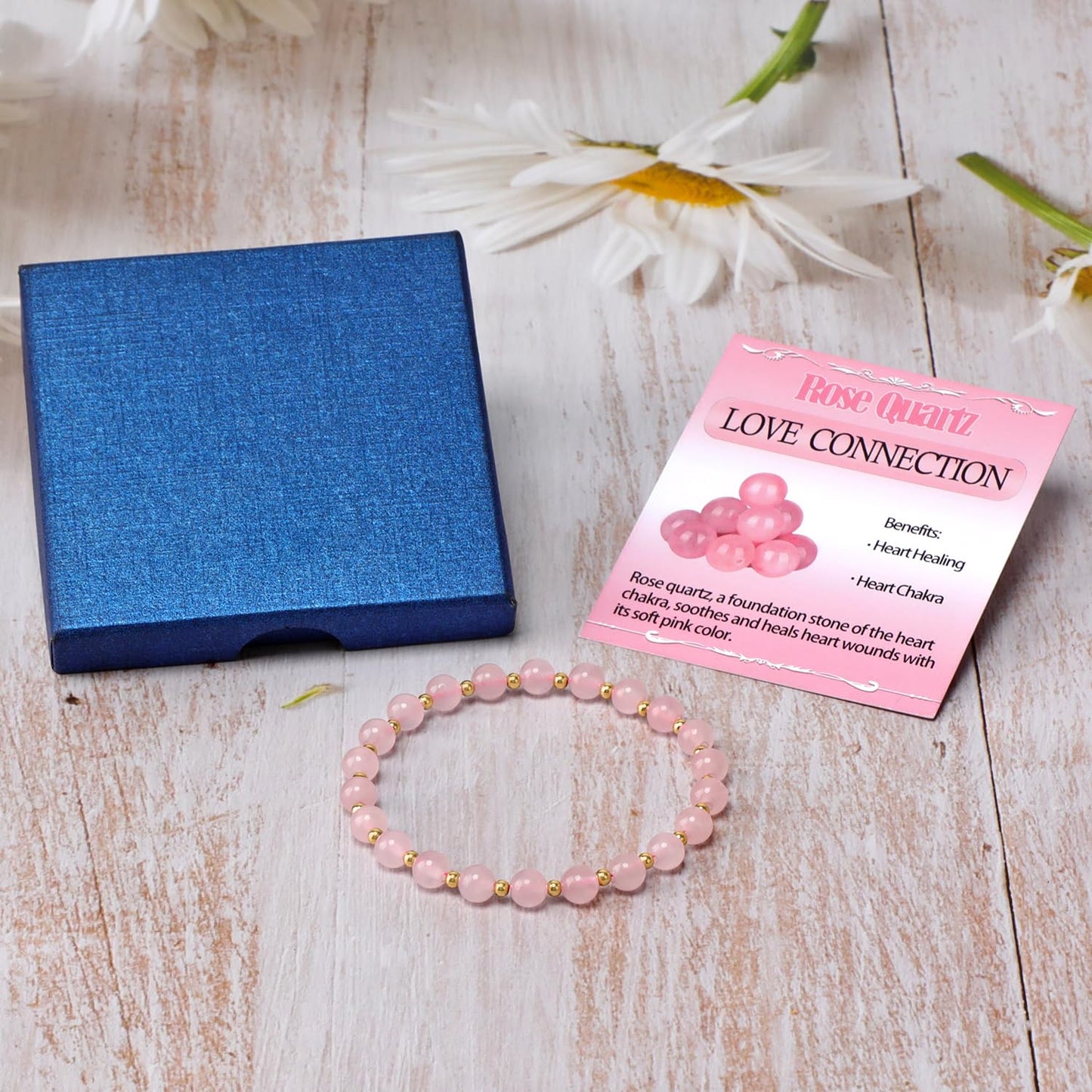 QOGIR Rose Quartz - Love Connection - 14K Gold Plated Beads Natural Gemstone Stretch Elastic Dainty Healing Beaded Bracelets Gifts 6mm