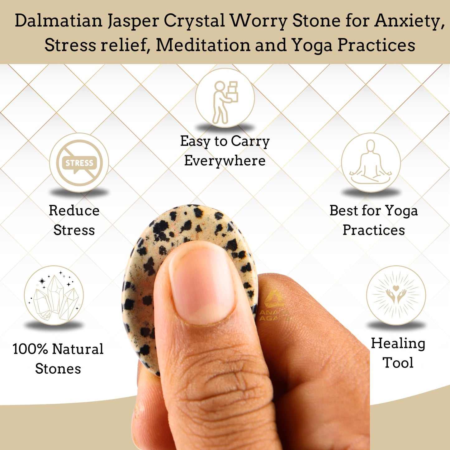 Anaya Agate Dalmatian Jasper Worry Stones Certified Crystal Thumb Worry Stone for Anguish, Relaxing and Soothing Balance Stones for Meditation, Stress Relief Crystals and Healing Stones for Men, Women