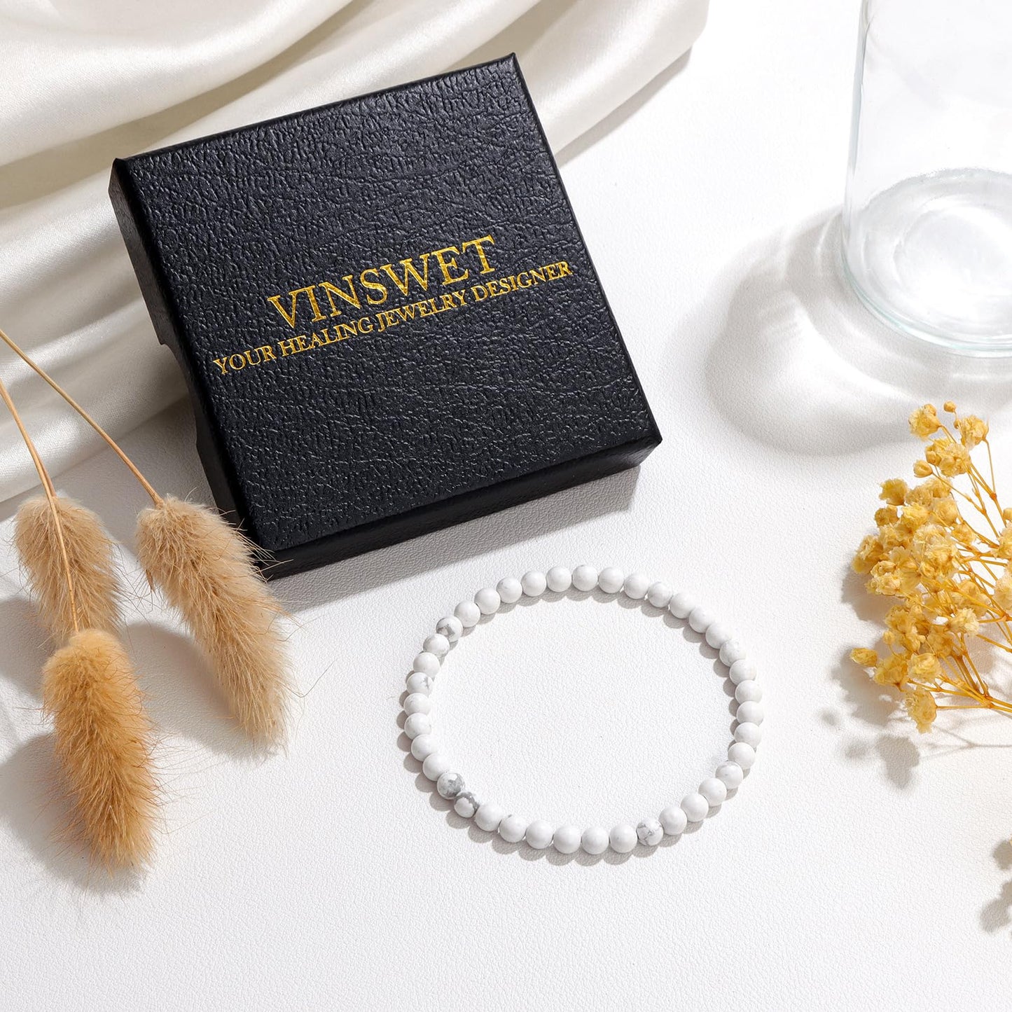 Vinswet Healing Crystal Bracelets for Women Men 4mm Howlite Natural Stone Beaded Stretch Bracelet Handmade Gemstone Reiki Spiritual Jewelry Gifts