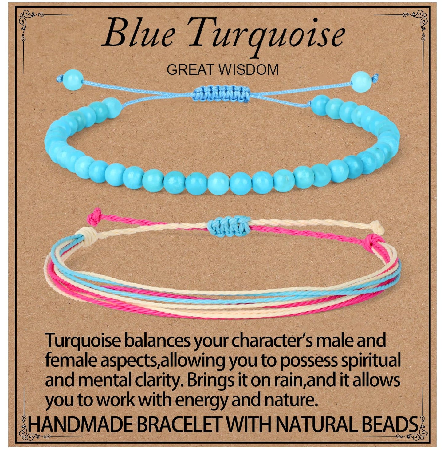LPBeads 4mm Blue Turquoise Bracelet with Handmade Rope Bracelet Size Adjustable Stone Crystal Healing Bracelets Gifts for Unisex Adults
