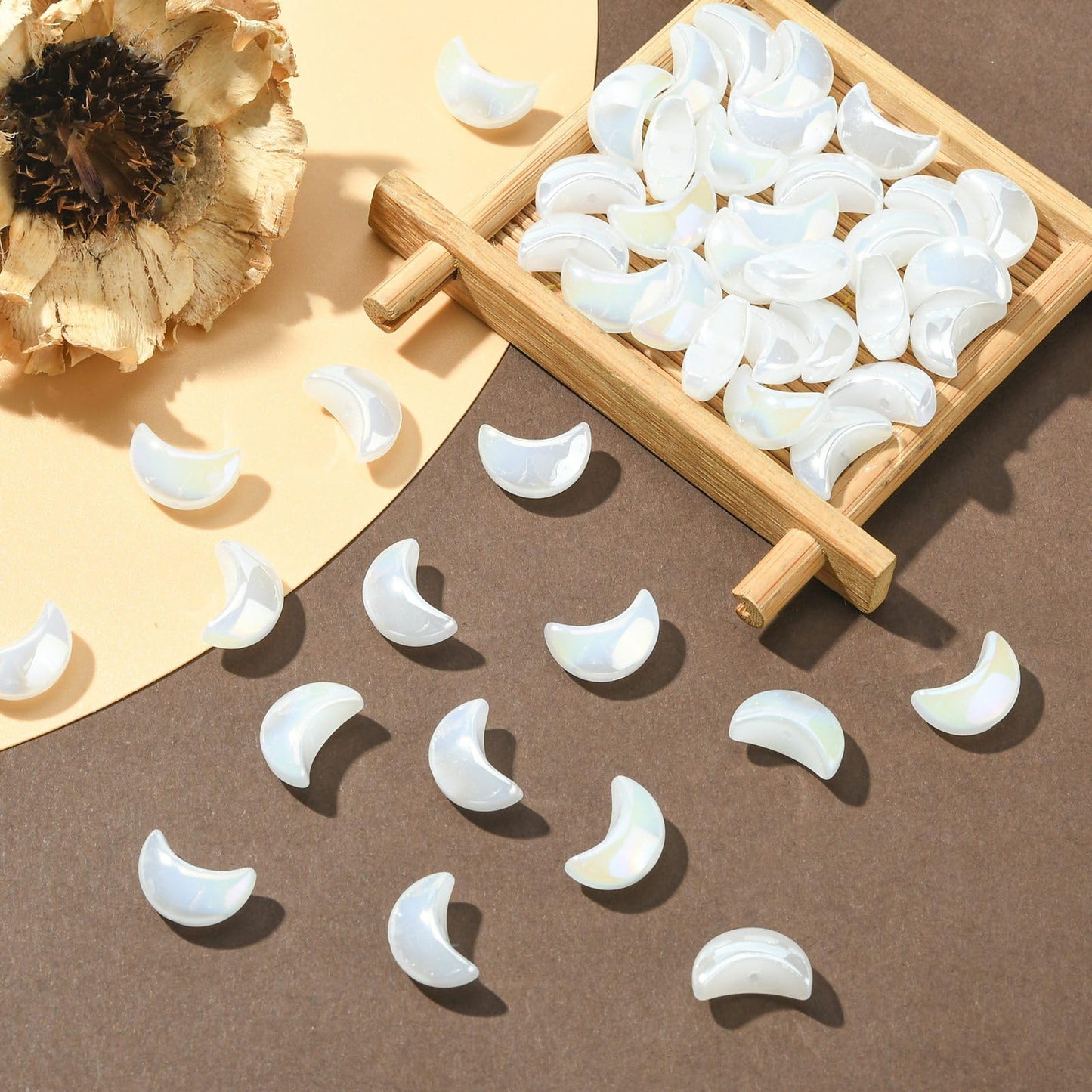 LiQunSweet 100 Pcs Handmade Lampwork White Glass Beads Celestial Crescent Moon Loose Spacer Beads for DIY Jewelry Making and Crafting