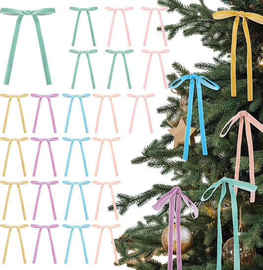 Skiennix Velvet Bows - Vintage Ribbon Decorations for Christmas Trees & Crafts | 24 Pcs, 5 x 7 Inch, Pastel Rainbow