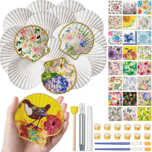 Crtiin 48 Pcs Decoupage Kits, 18 Pcs 4'' White Scallop Shells, 24 x Assorted Decoupage Paper Napkins with Glue Paint Strips Pigments and Paint Brushes for Home Decor Ornaments DIY Arts Crafts (Color)