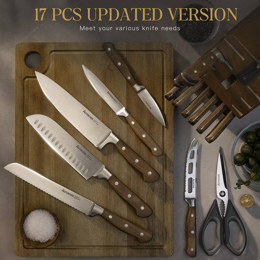 Astercook 17-Piece Knife Block Set with Built-in Sharpener, German Stainless Steel Full Tang Kitchen Knives, Ergonomic Walnut Handle Cutlery Set for Home Cooking & Gifting