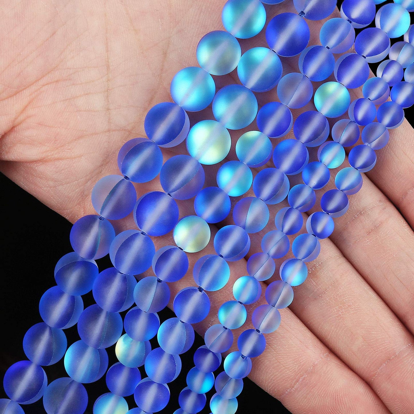 Matte Blue Aurora Crystal Glass Beads, 6MM Frosted Glitter Shining Mermaid Round Loose Beads, Rainbow Holographic Synthetic Moonstone for Jewelry Making DIY Bracelet