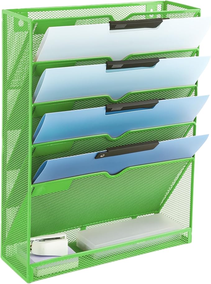 EASEPRES 6 Tier Mesh Hanging Wall File Organizer, Desk Vertical Mail Paper Document Folder Holder Rack with Bottom Tray and Nametag Label for Office Home School, Green
